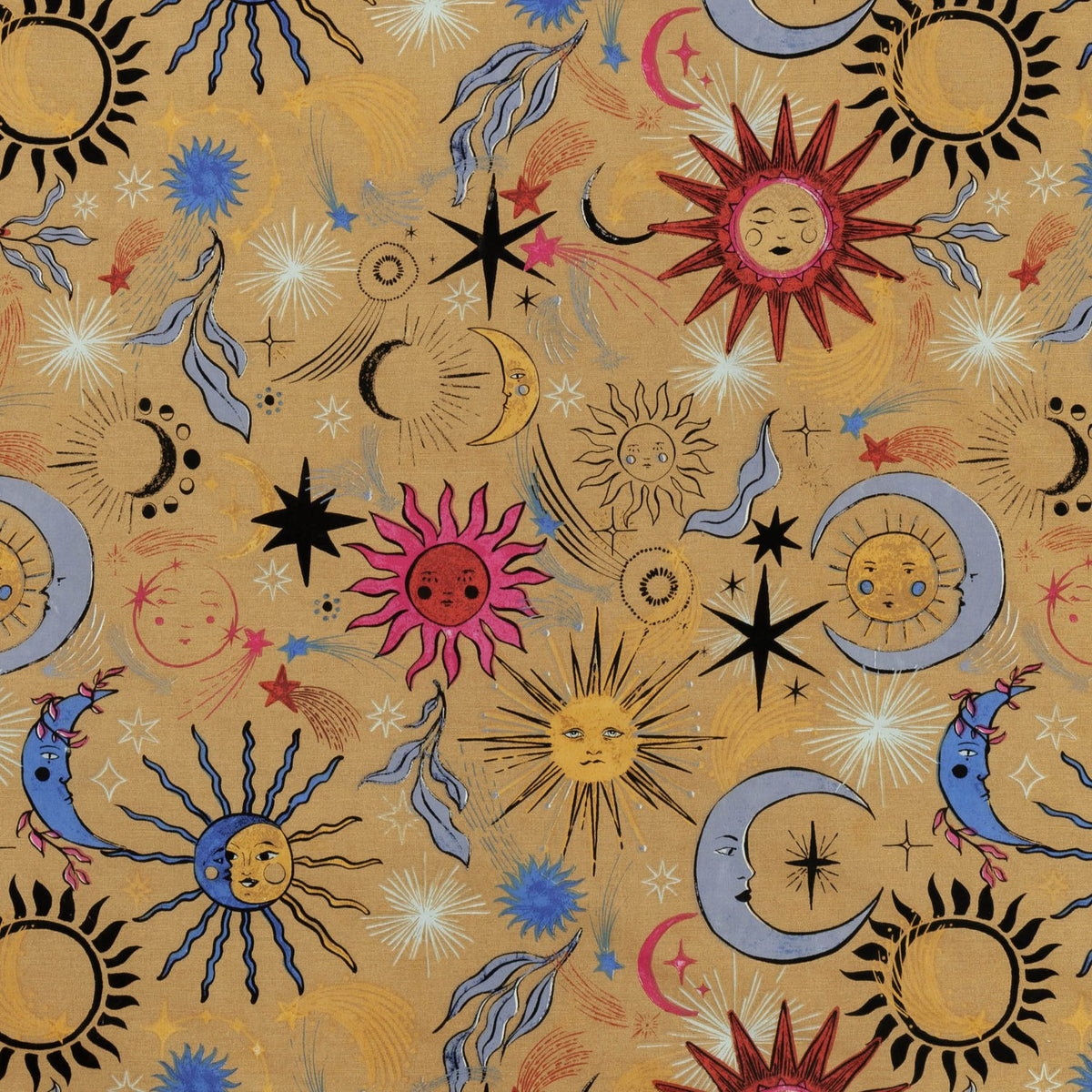Ethereal Reversible Abstract Duvet Cover Set in Gold Rust, featuring celestial suns, crescent moons and stars in pink, rust and cobalt blue on a warm gold ground.