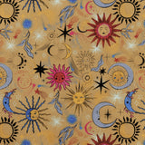 Ethereal Reversible Abstract Duvet Cover Set in Gold Rust, featuring celestial suns, crescent moons and stars in pink, rust and cobalt blue on a warm gold ground.