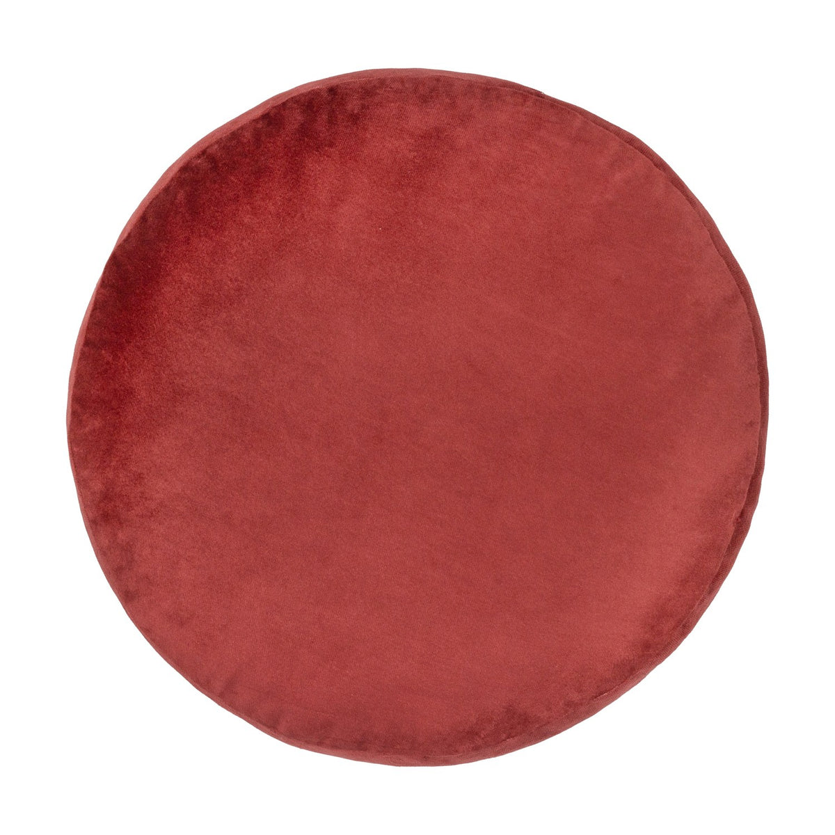 Round velvet cushion in rust-red, Ethereal Abstract design, 40 x 40cm, plain piped edge, shown on a plain white background.