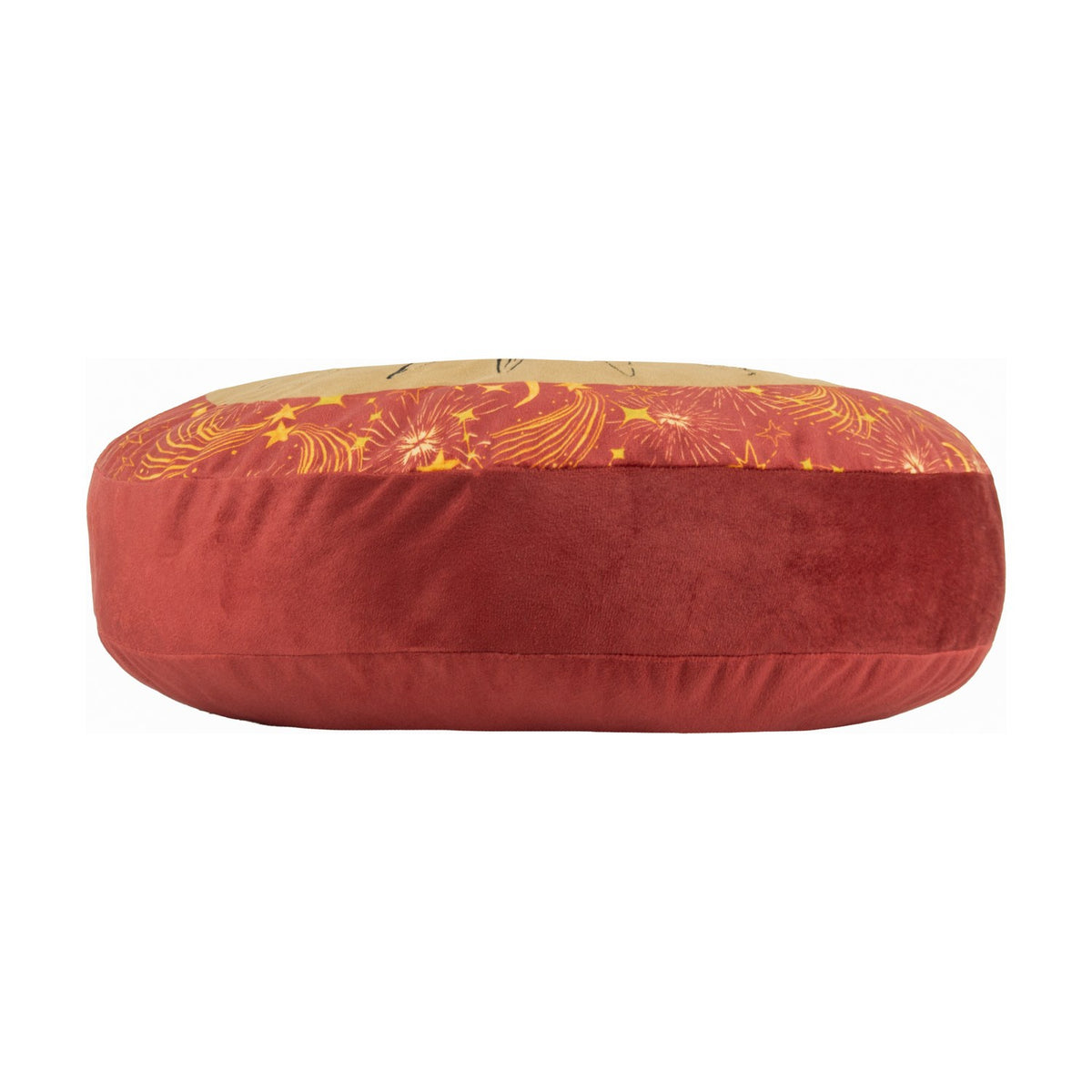 Side view of the Ethereal Abstract Velvet Cushion in Gold Dust/Rust, showing rust-red velvet edging beneath a gold panel with celestial star and comet motifs, on a white background.