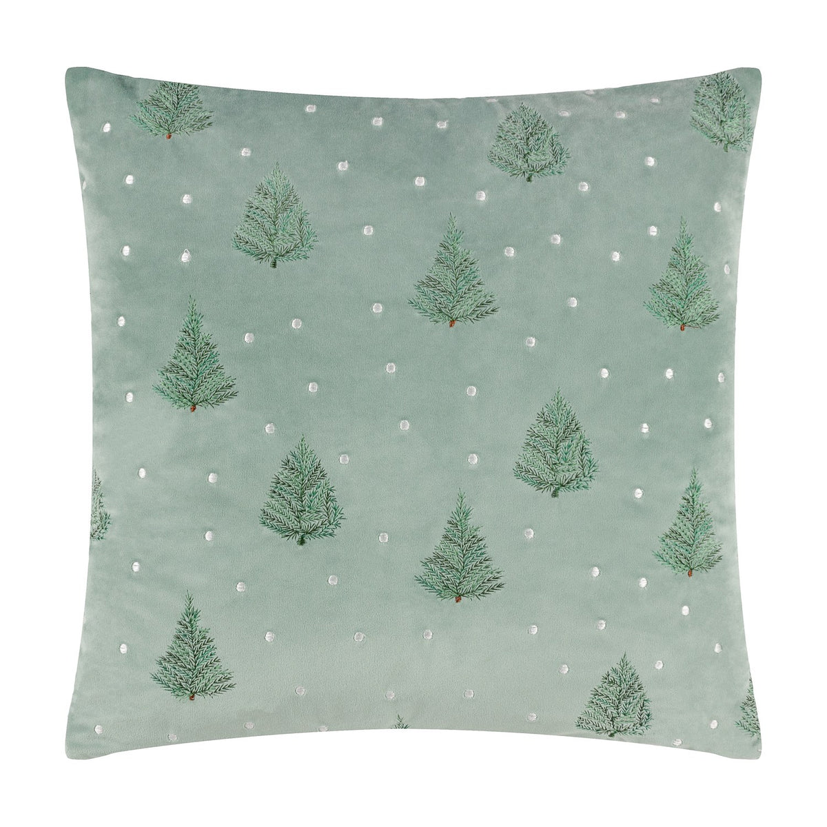 Square mint green velvet cushion with embroidered fir trees and scattered white dots, shown on a plain white background.