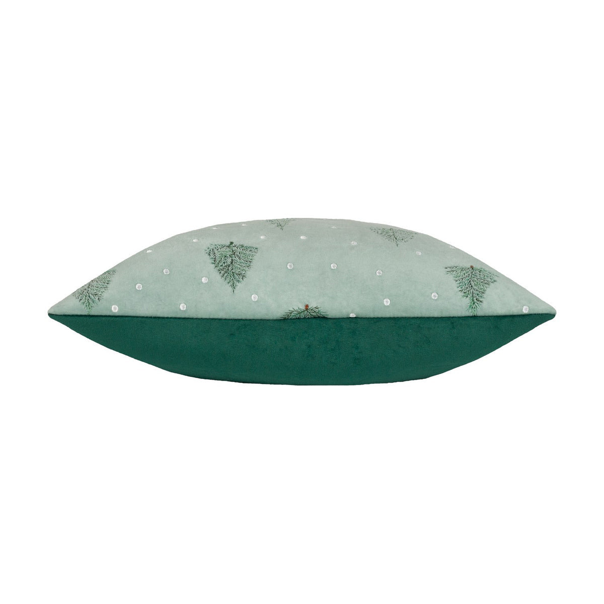 Side view of the Evergreen Velvet Cotton Cushion showing mint green embroidered fir trees and dots on top with a plain bottle green velvet reverse, on a white background.