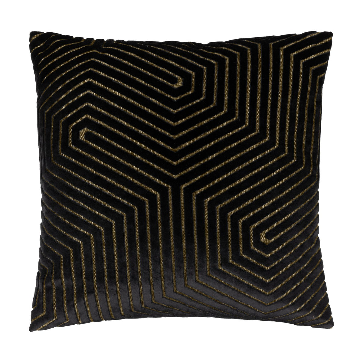 Evoke Geometric Velvet Cushion in black with a raised cut-velvet chevron pattern traced in metallic gold thread, shown on a plain white background.