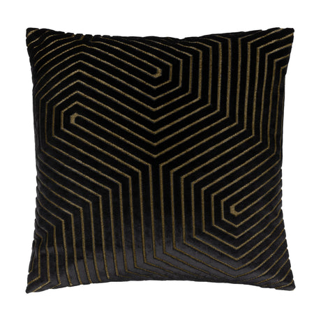 Evoke Geometric Velvet Cushion in black with a raised cut-velvet chevron pattern traced in metallic gold thread, shown on a plain white background.