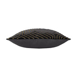 Side view of the Evoke Geometric Velvet Cushion in black, showing plain velvet reverse and chevron-patterned front edge with gold thread detail, on a white background.