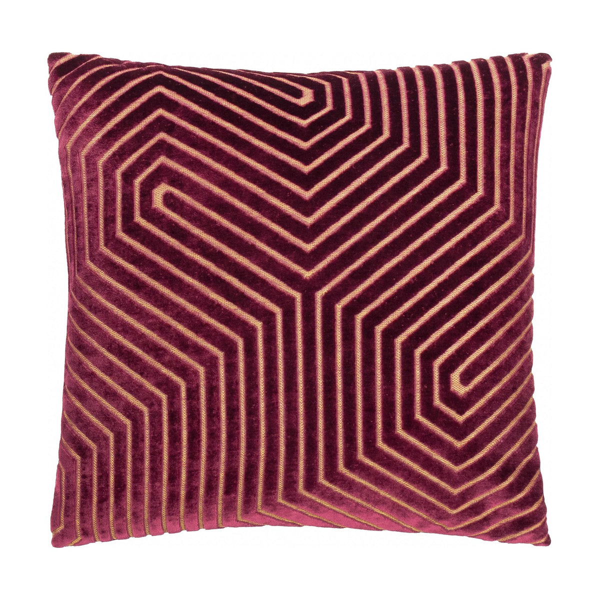 Evoke Geometric Velvet Cushion in burgundy, a square 45x45cm design with raised gold chevron cording on deep velvet, shown on a plain white background.