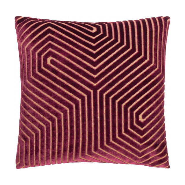 Evoke Geometric Velvet Cushion in burgundy, a square 45x45cm design with raised gold chevron cording on deep velvet, shown on a plain white background.