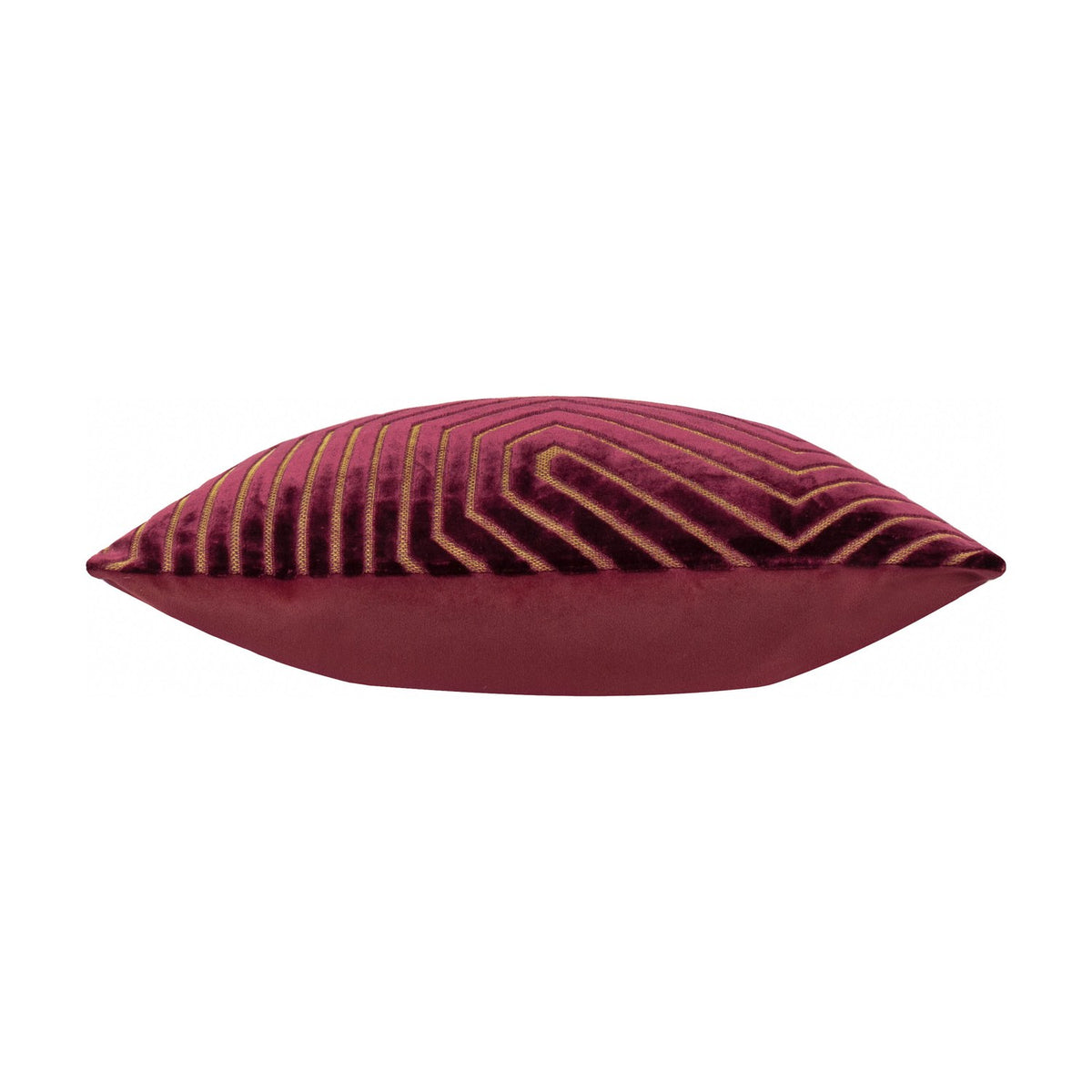 Side view of the Evoke Geometric Velvet Cushion in burgundy, showing a plain velvet back and the front's chevron pattern with gold cording along the edge, set against a white background.
