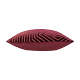 Side view of the Evoke Geometric Velvet Cushion in burgundy, showing a plain velvet back and the front's chevron pattern with gold cording along the edge, set against a white background.
