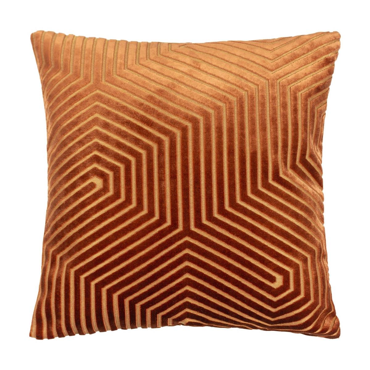 Evoke Geometric Velvet Cushion in brick rust, square with cut-velvet channelled chevron pattern and metallic gold thread detailing, shown on a plain white background.