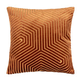 Evoke Geometric Velvet Cushion in brick rust, square with cut-velvet channelled chevron pattern and metallic gold thread detailing, shown on a plain white background.