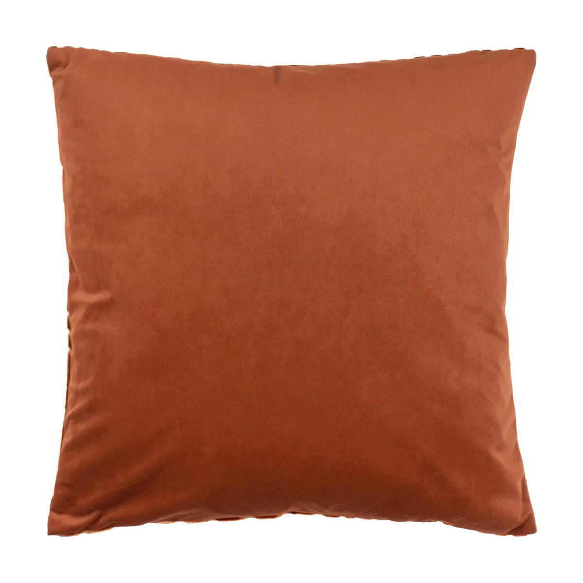 Evoke Geometric Velvet Cushion in Brick, a square velvet cushion in rust orange with a plain reverse side, shown on a white background.