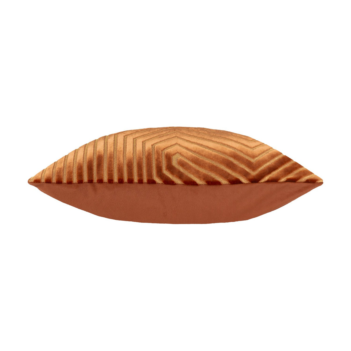 Evoke Geometric Velvet Cushion in brick, shown side-on with a chevron cut-velvet pattern in orange and copper tones on a plain white background.