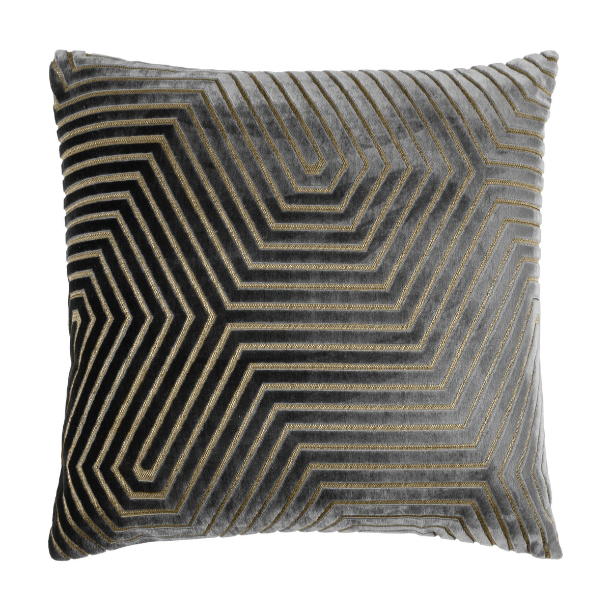 Evoke Geometric Velvet Cushion in charcoal grey with cut-velvet hexagonal line pattern and metallic gold thread detailing, shown on a plain white background.