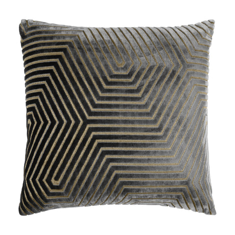 Evoke Geometric Velvet Cushion in charcoal grey with cut-velvet hexagonal line pattern and metallic gold thread detailing, shown on a plain white background.