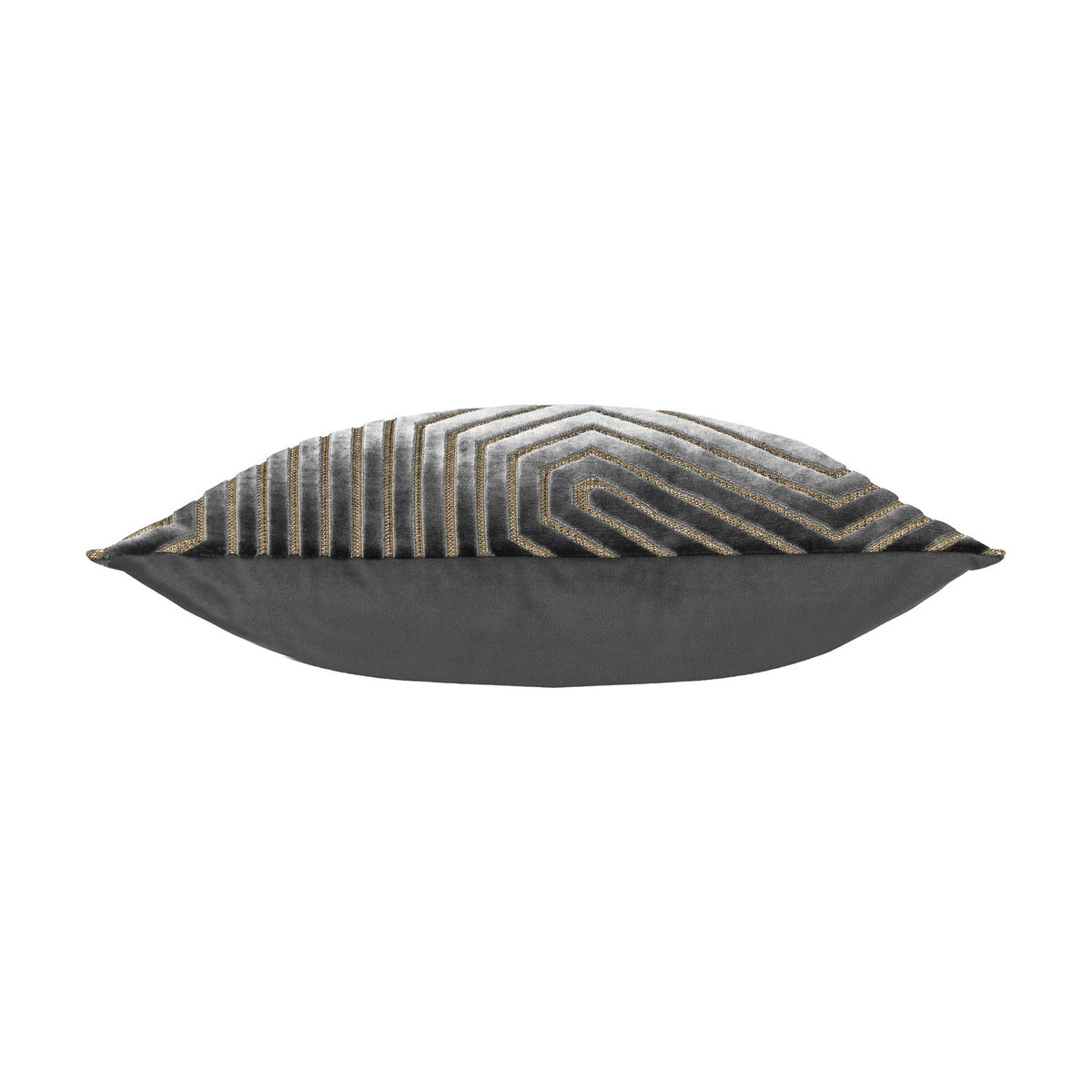 Side view of the Evoke Geometric Velvet Cushion in charcoal, showing plain grey velvet backing and a solid-coloured piped edge on a white background.