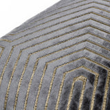 Close-up of the Evoke Geometric Velvet Cushion in charcoal grey, showing cut velvet hexagonal lines with metallic gold thread detailing.