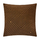 Evoke Geometric Velvet Cushion in chocolate brown, square shape with a radiating chevron pattern in tan and gold, shown on a plain white background.