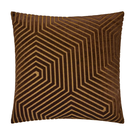 Evoke Geometric Velvet Cushion in chocolate brown, square shape with a radiating chevron pattern in tan and gold, shown on a plain white background.