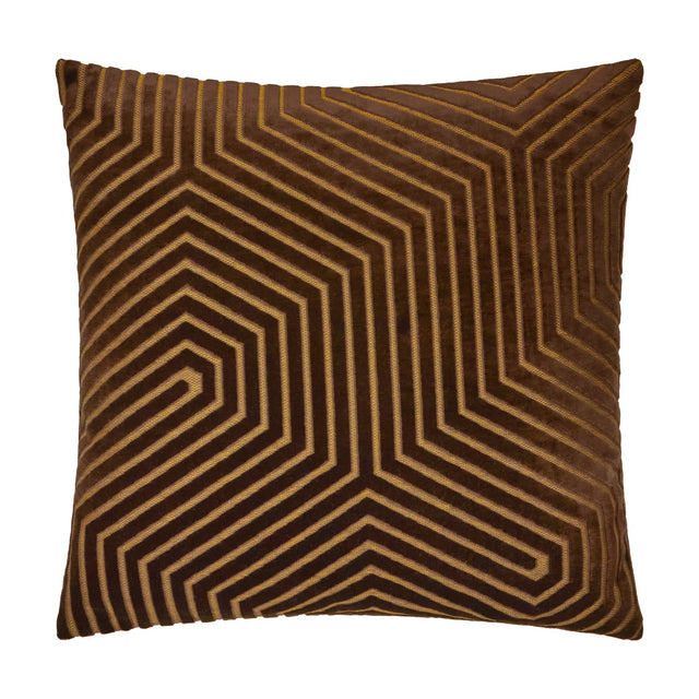 Evoke Geometric Velvet Cushion in chocolate brown, square shape with a radiating chevron pattern in tan and gold, shown on a plain white background.
