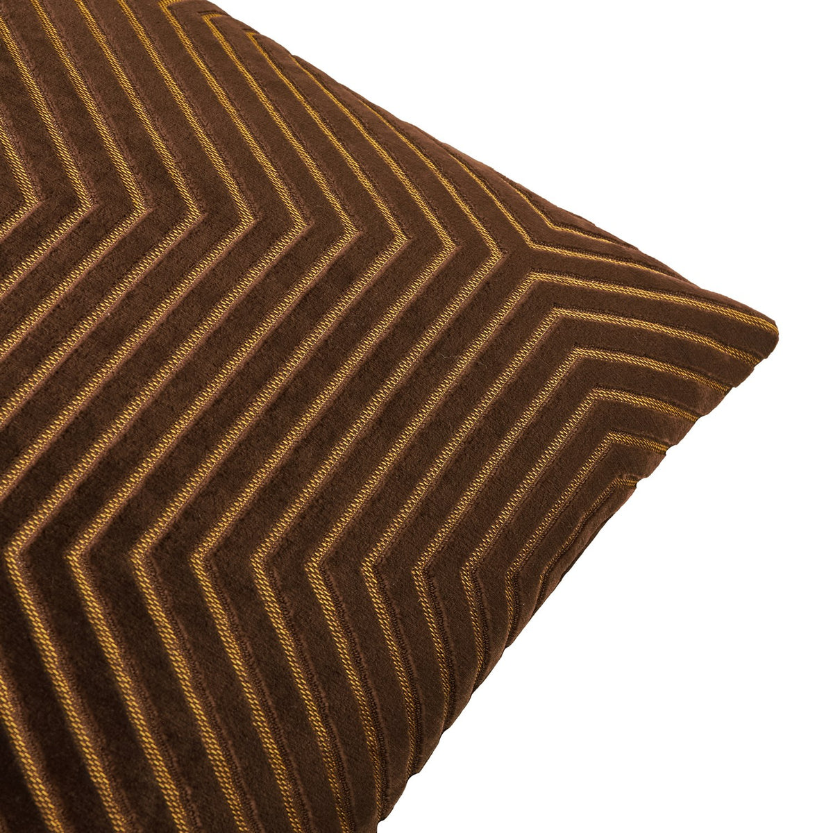 Close-up of the Evoke Geometric Velvet Cushion in chocolate, showing chevron lines in tan and gold on brown velvet with a piped edge, set against a white background.