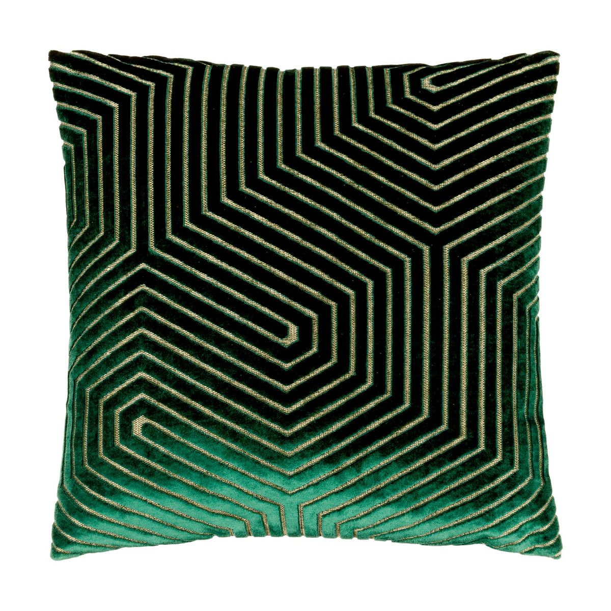 Evoke Geometric Velvet Cushion in emerald, square shape with black chevron and looping angular velvet pattern accented by metallic gold threads, shown on a plain white background.