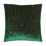 Evoke Geometric Velvet Cushion in emerald, square shape with black chevron and looping angular velvet pattern accented by metallic gold threads, shown on a plain white background.