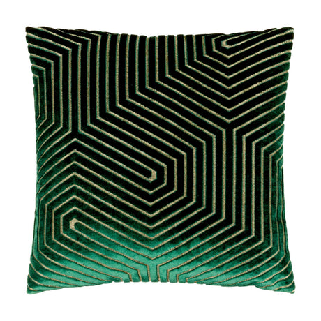Evoke Geometric Velvet Cushion in emerald, square shape with black chevron and looping angular velvet pattern accented by metallic gold threads, shown on a plain white background.