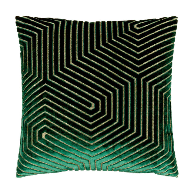 Evoke Geometric Velvet Cushion in emerald, square shape with black chevron and looping angular velvet pattern accented by metallic gold threads, shown on a plain white background.