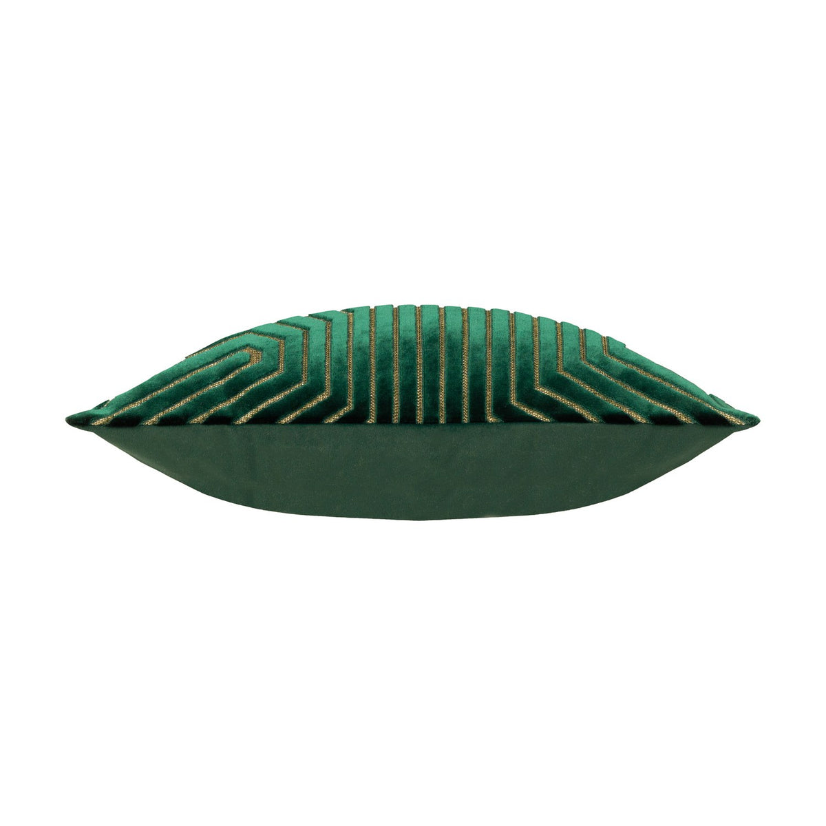 Evoke Geometric Velvet Cushion in emerald, side view showing plump square shape with chevron pattern and gold metallic thread on the front face, plain green velvet reverse, on a white background.