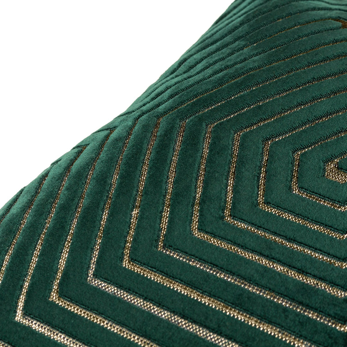 Close-up of the Evoke Geometric Velvet Cushion in emerald, showing chevron-patterned velvet with metallic gold thread detailing on a plain white background.