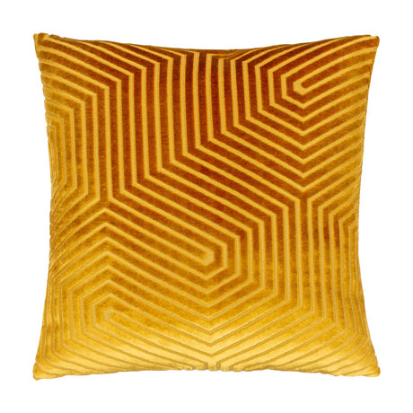 Evoke Geometric Velvet Cushion in gold, square with a cut-pile chevron and hexagon pattern shifting from amber to gold, shown on a plain white background.