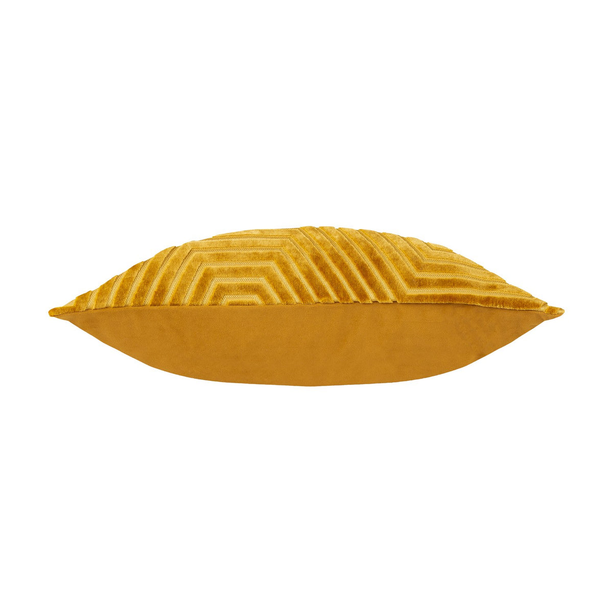 Side view of the Evoke Geometric Velvet Cushion in gold, showing a plain velvet reverse and a plump insert, set against a white background.