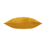 Side view of the Evoke Geometric Velvet Cushion in gold, showing a plain velvet reverse and a plump insert, set against a white background.