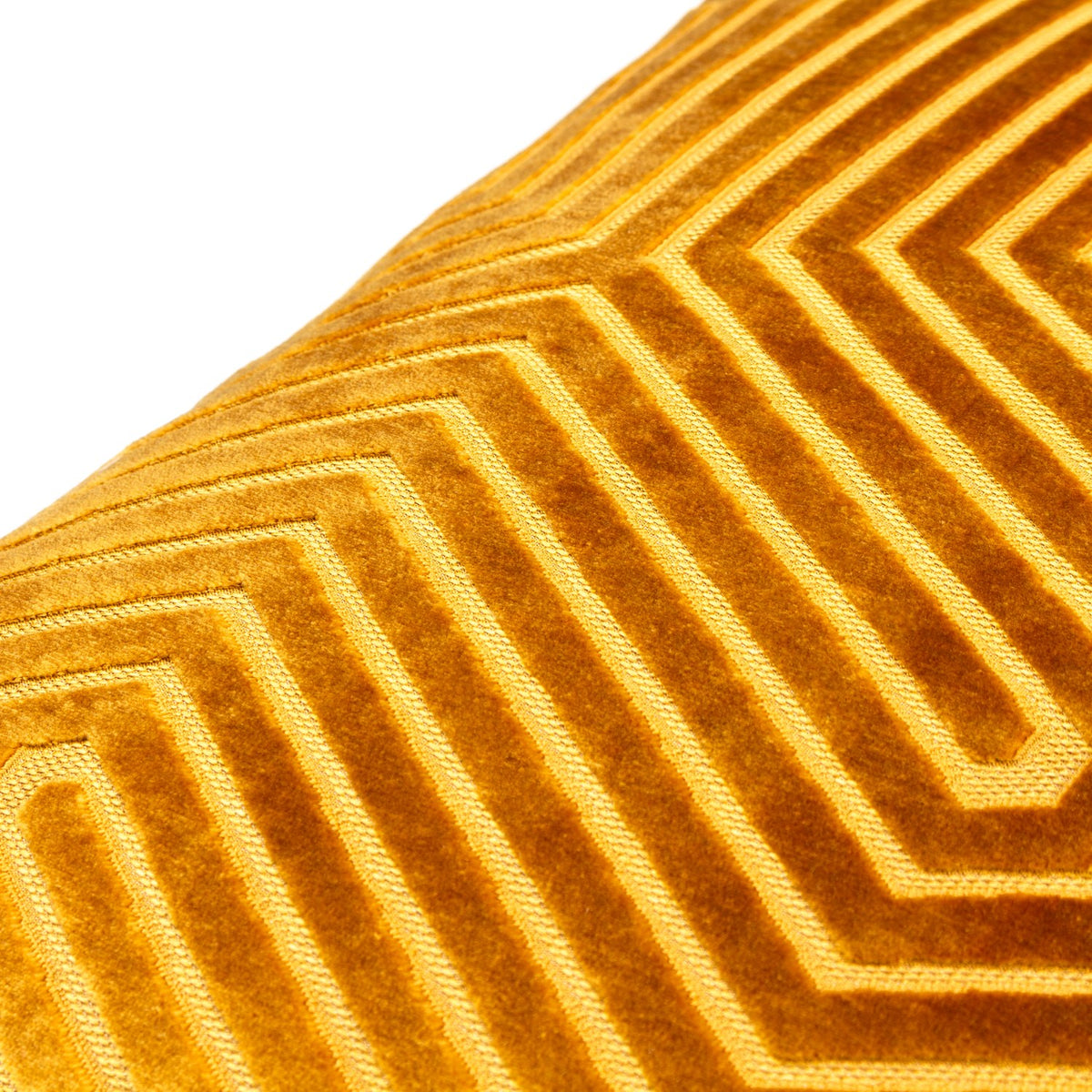 Close-up of the Evoke Geometric Velvet Cushion in gold, showing a cut-velvet chevron pattern with raised ribs against a flatter pile for a light-catching effect.