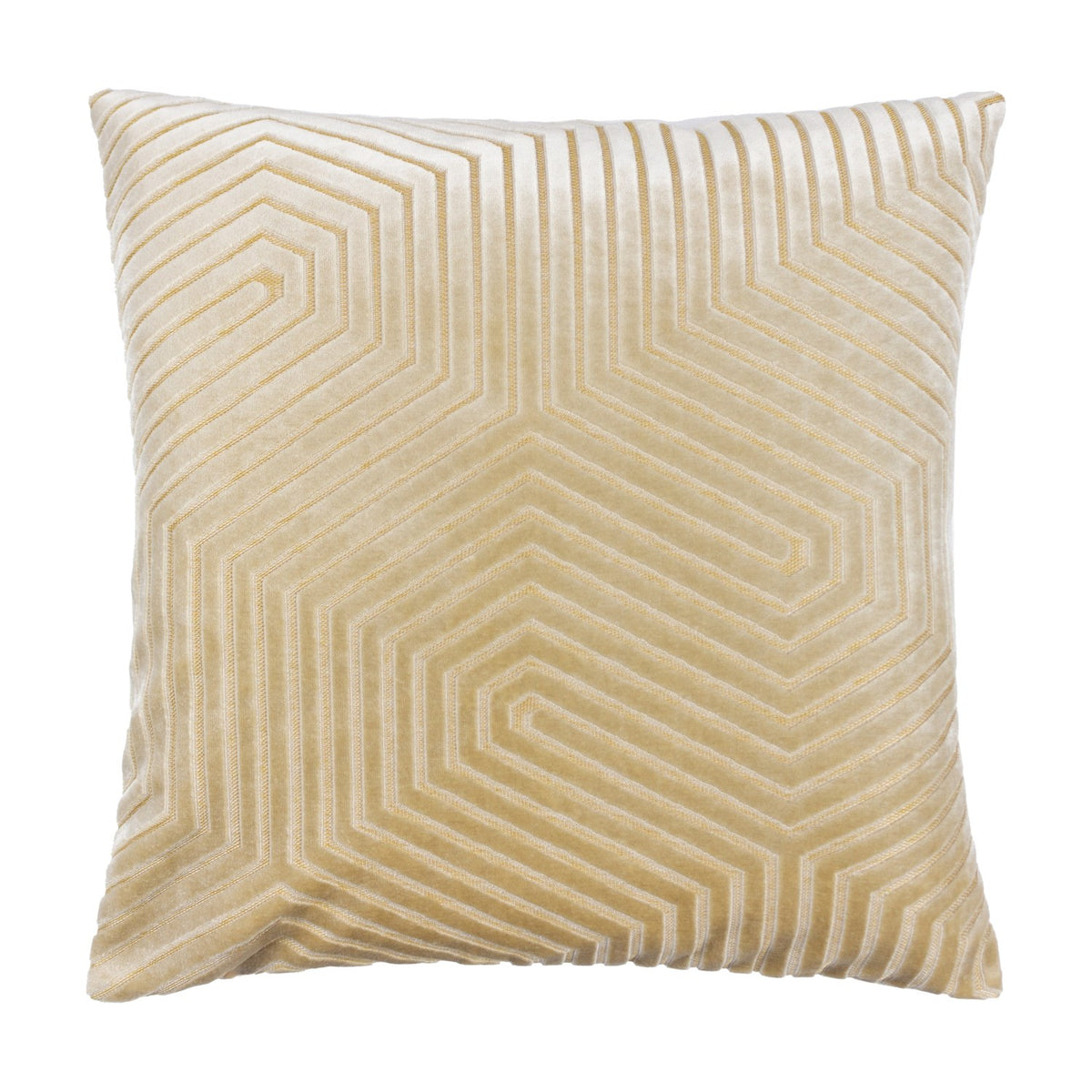 Evoke Geometric Velvet Cushion in ivory, square with a raised hexagonal channel pattern in cut velvet and a subtle golden metallic weave, shown on a plain white background.