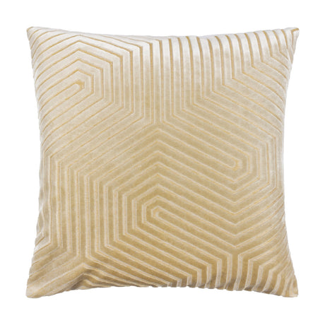 Evoke Geometric Velvet Cushion in ivory, square with a raised hexagonal channel pattern in cut velvet and a subtle golden metallic weave, shown on a plain white background.