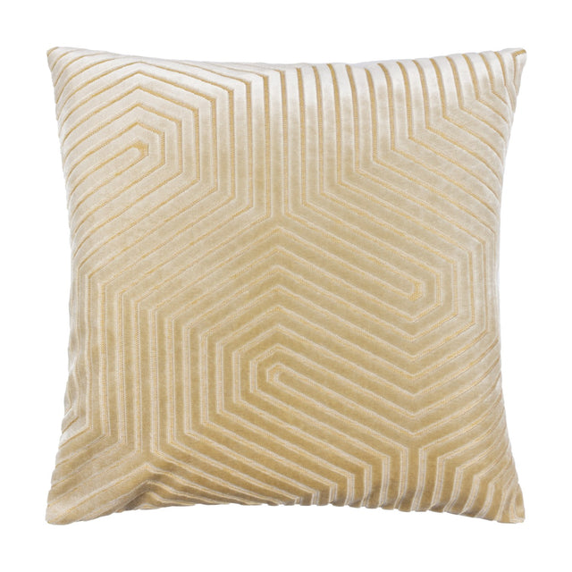 Evoke Geometric Velvet Cushion in ivory, square with a raised hexagonal channel pattern in cut velvet and a subtle golden metallic weave, shown on a plain white background.