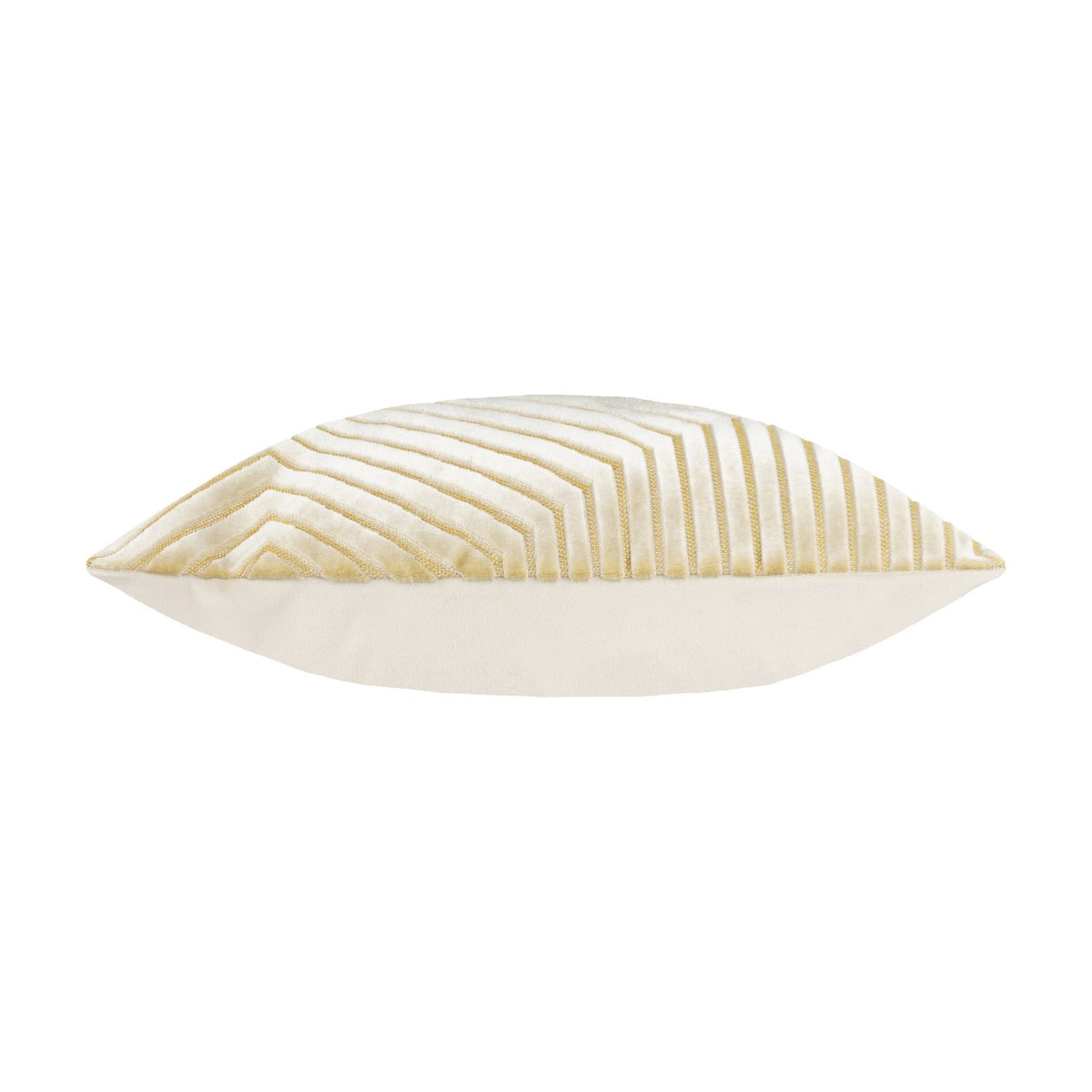 Evoke Geometric Velvet Cushion in ivory shown side-on, revealing raised chevron-textured velvet front with gold metallic threading and a plain ivory reverse, set against a white background.