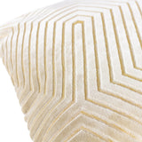 Close-up of the Evoke Geometric Velvet Cushion in ivory, showing raised hexagonal channel patterns in cut velvet with a golden metallic thread weave.