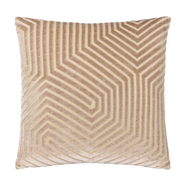 Evoke Geometric Velvet Cushion in beige, square with a chevron pattern in raised cut velvet and fine gold thread detailing, shown on a plain white background.