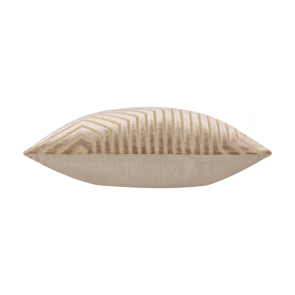 Beige Evoke Geometric Velvet Cushion, side-on view showing plump shape, chevron velvet pattern with gold thread on front and plain reverse, on white background.