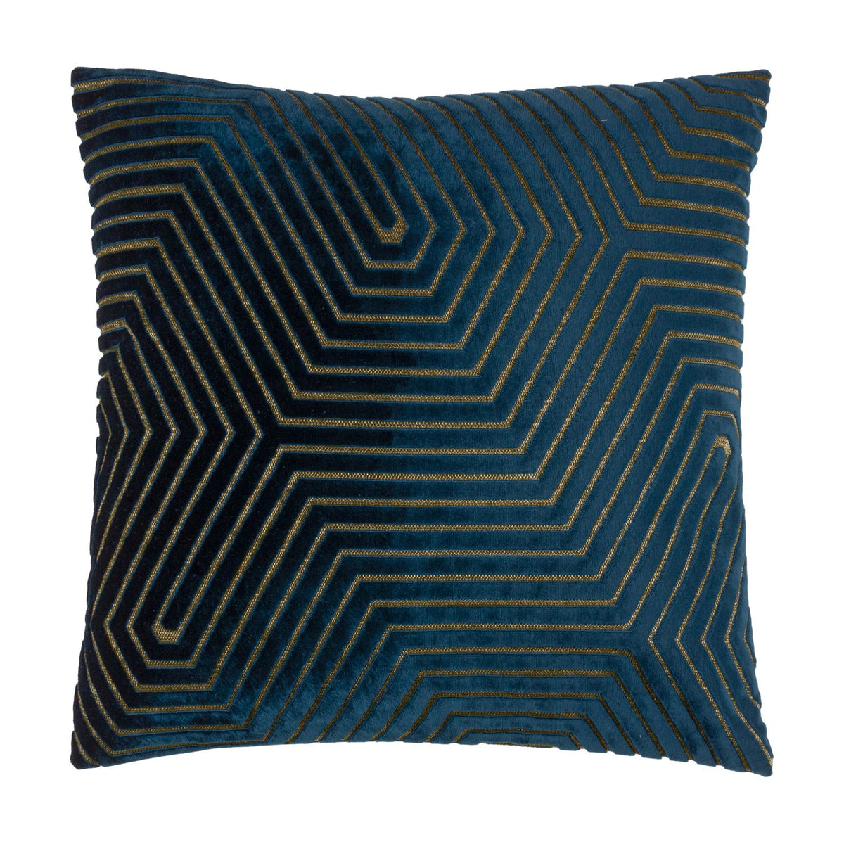 Evoke Geometric Velvet Cushion in navy with a cut-velvet hexagonal chevron pattern and metallic gold thread detailing, shown on a plain white background.