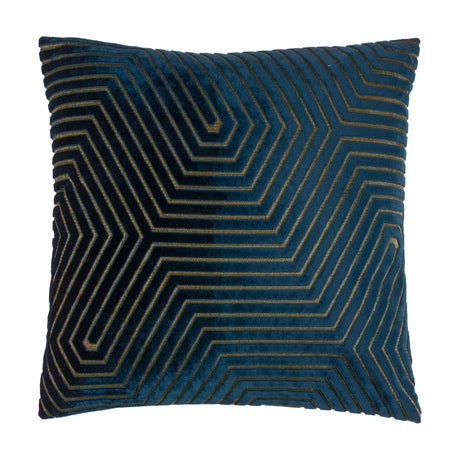 Evoke Geometric Velvet Cushion in navy with a cut-velvet hexagonal chevron pattern and metallic gold thread detailing, shown on a plain white background.