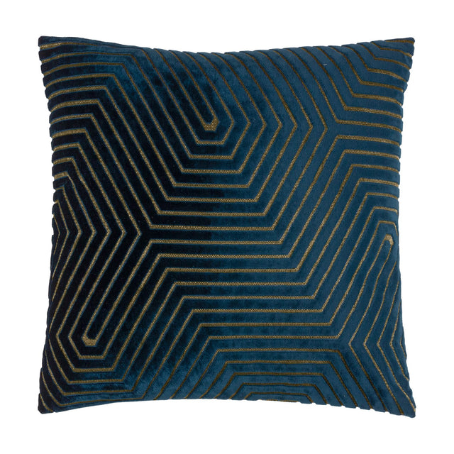 Evoke Geometric Velvet Cushion in navy with a cut-velvet hexagonal chevron pattern and metallic gold thread detailing, shown on a plain white background.