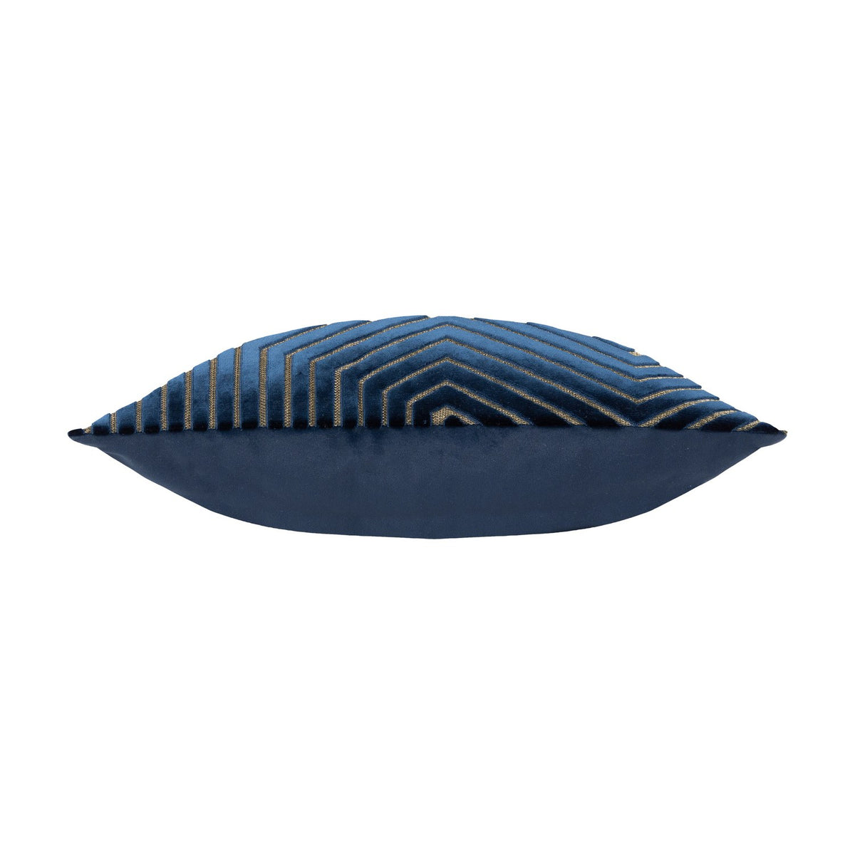 Side view of the Evoke Geometric Velvet Cushion in navy, showing plain velvet reverse and box edge, with patterned front partly visible, on a white background.