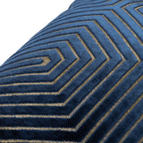 Close-up of the Evoke Geometric Velvet Cushion in navy, showing sculpted chevron velvet lines with metallic gold thread detailing on a plain background.