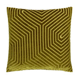 Evoke square velvet cushion in olive and chartreuse, featuring a geometric chevron and maze-like pattern cut into the pile, shown on a plain white background.