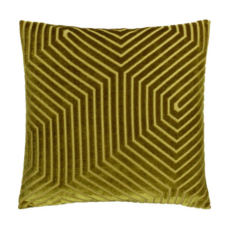 Evoke square velvet cushion in olive and chartreuse, featuring a geometric chevron and maze-like pattern cut into the pile, shown on a plain white background.