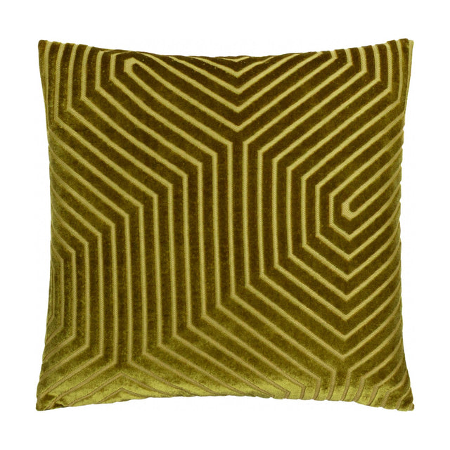 Evoke square velvet cushion in olive and chartreuse, featuring a geometric chevron and maze-like pattern cut into the pile, shown on a plain white background.